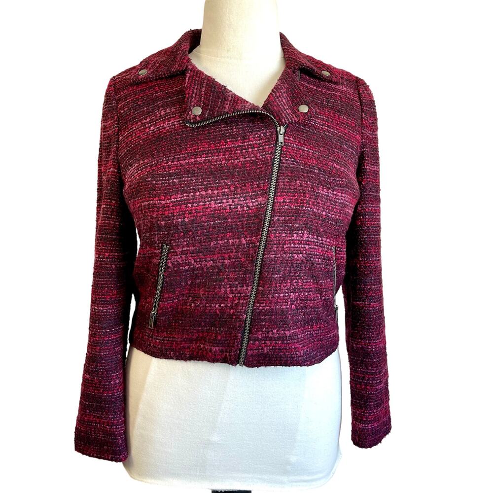Dana Buchman Tweed Boucle Full Zip Moto Biker Jacket Blazer Coat Red Pink Sz 14
